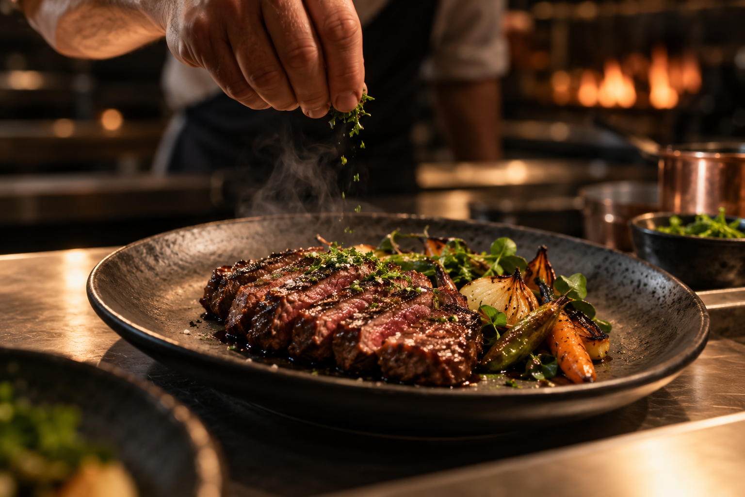 Une assiette de viande grillée dressée avant le service